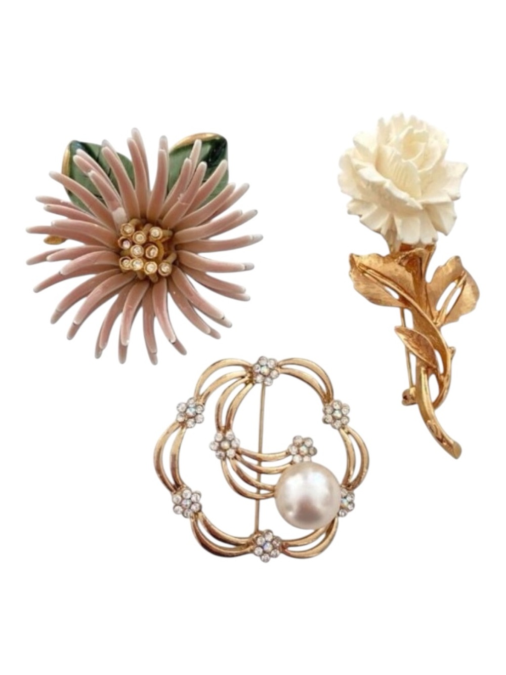 Vintage Floral Brooch Set Gold Tone Rose Pearl Pink Flower 3 assortiments Bundle